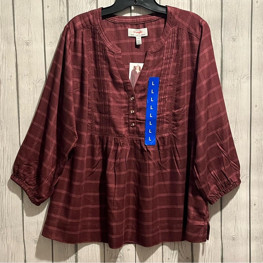 Woman's Wrangler Red 3/4 Sleeve Bib Collar Plaid Blouse Size L New with Tags